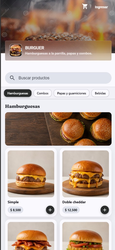 Tienda de hamburguesería con hamburguesas, combos y papas