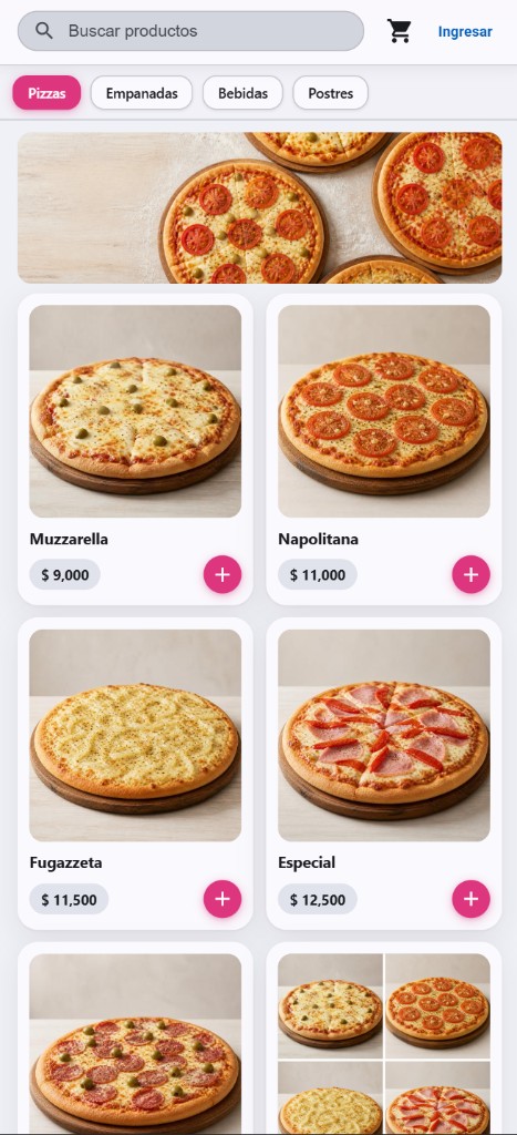 Tienda de pizzería con pizzas, empanadas y bebidas